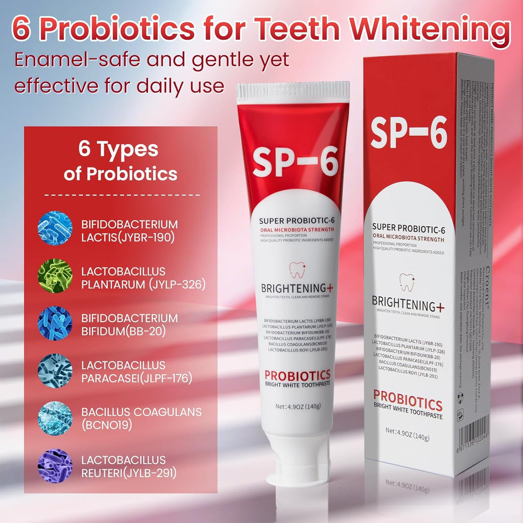 SP-6 Probiotic Whitening Toothpaste, SP-6 Probiotic Toothpaste, Enhanced Formula with 6 Probiotics for Teeth Whitening/Brightening, Enamel-Safe, Fluoride-Free, Fresh Mint Flavor, 4.9oz, 2Pack