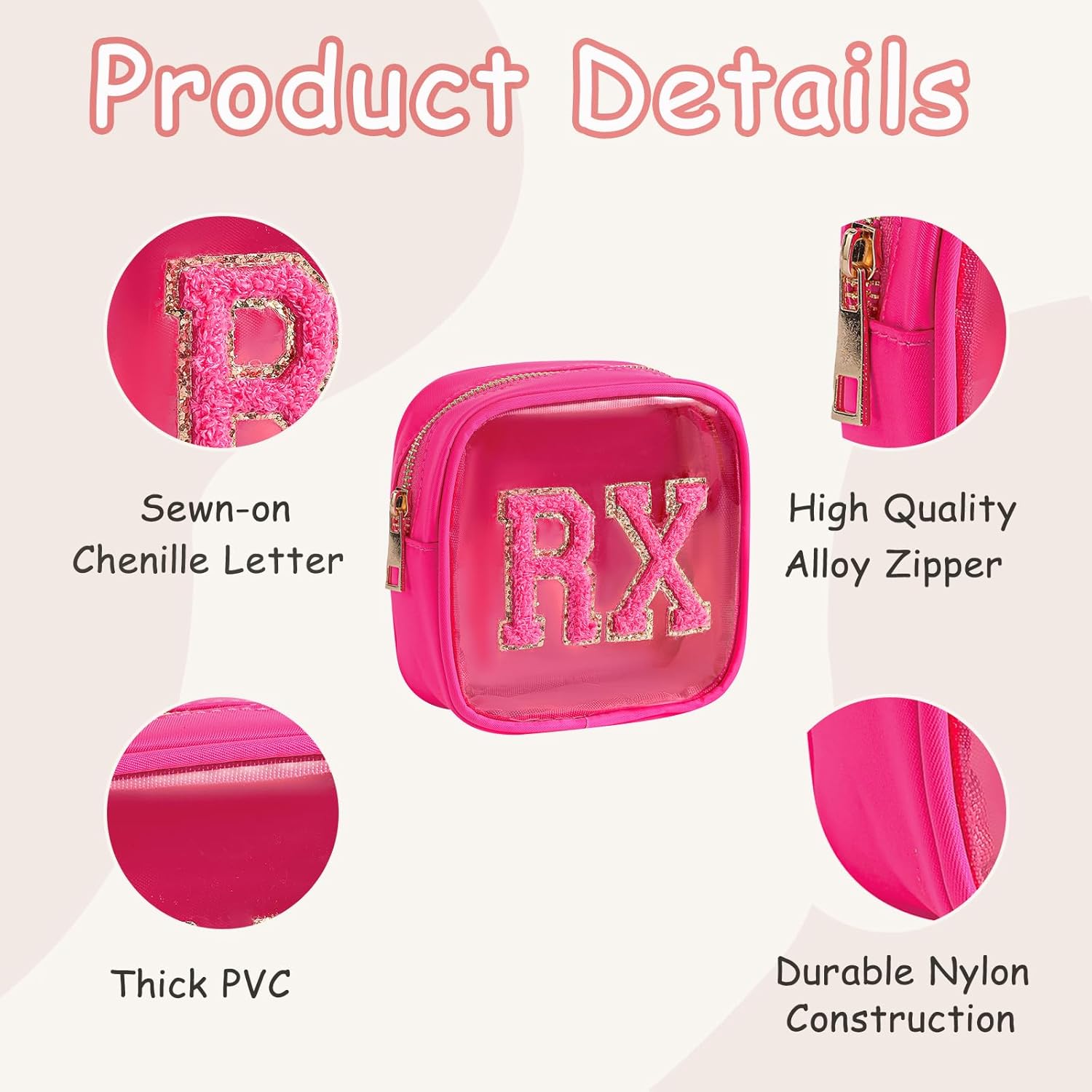 Small Chenille Letter Clear Medicine Makeup Bags,Nylon PVC Waterproof Rx Pouch with Metal Zipper, Cute Drug First Aid Travel Organizer for Women Girls(02Hot Pink)