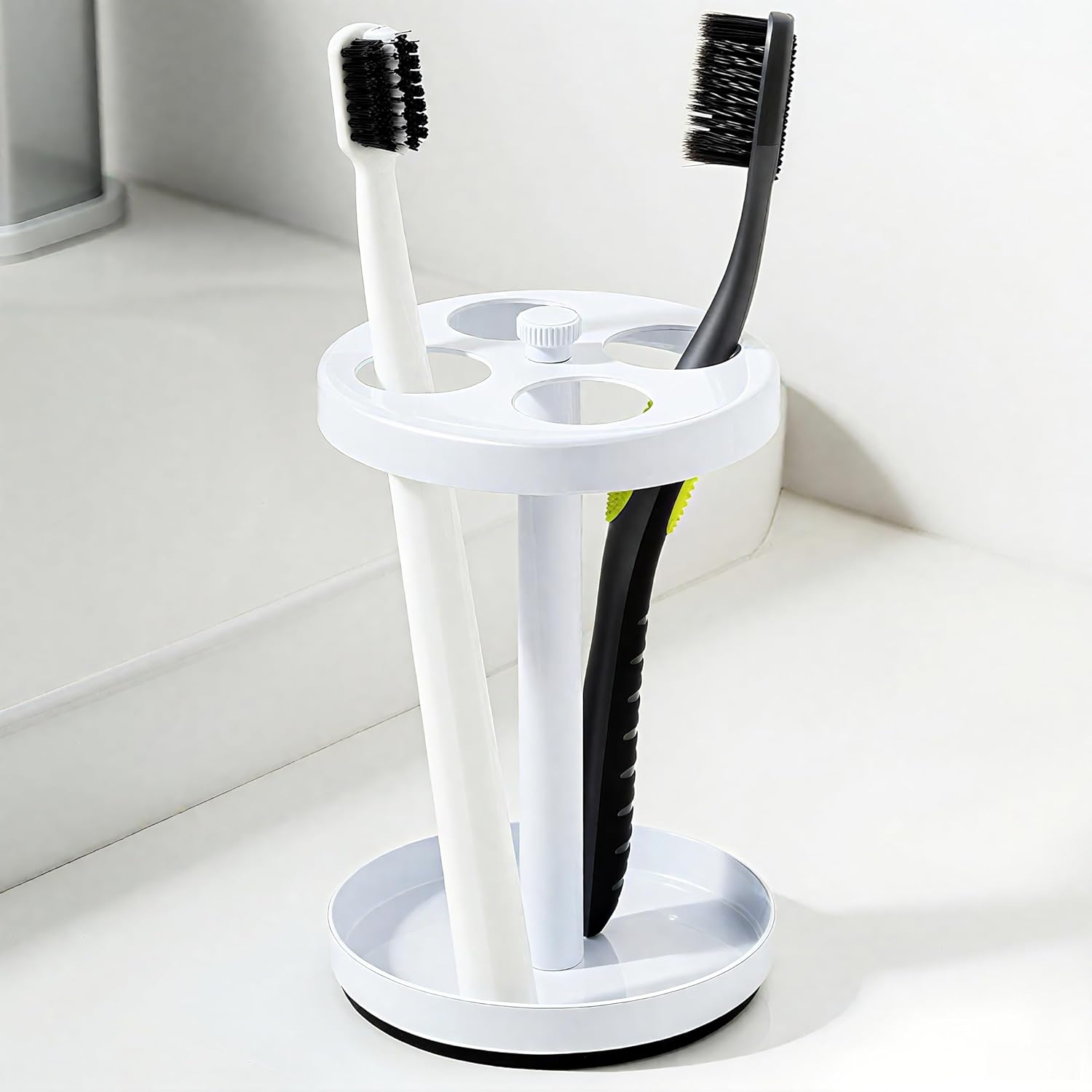 White Stainless Toothbrush Holder Stand: Rustproof Bathroom Countertop Organizer, 4 Ventilated Slots Hold Manual Toothbrushes, Razor
