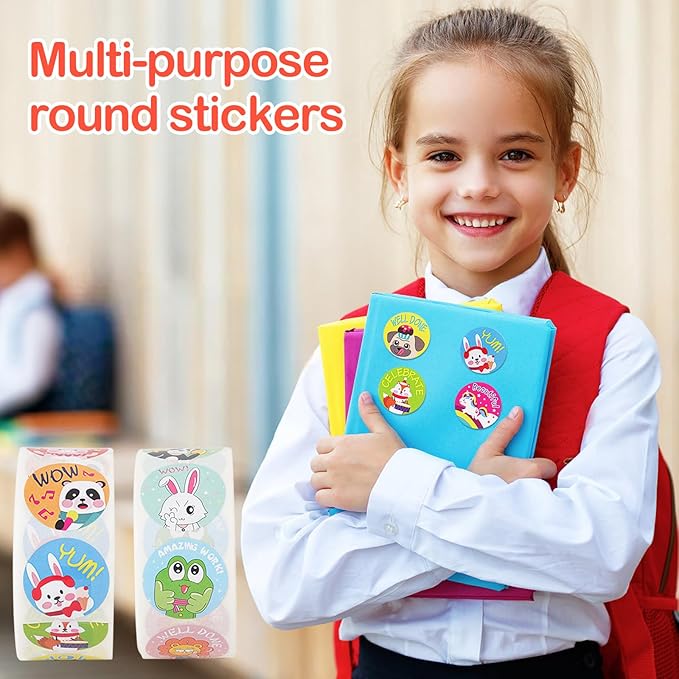 1000 Pcs Kid Stickers Animals, Stickers for Childens Teachers Students School Classroom in 16 Designs Motivational Stickers (1 Inch / 2 Rolls)