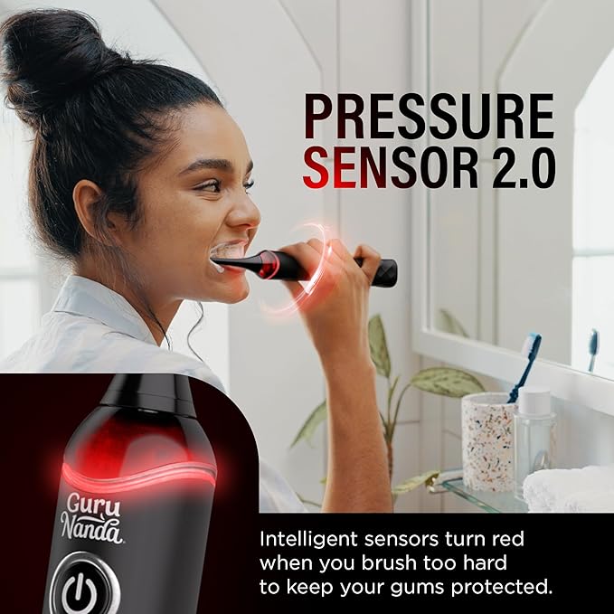 GuruNanda Pressure Sonic 2.0 Electric Toothbrush with Butter On Gums Bristles – Smart Pressure Sensor, 5 Modes, 2-Min Timer, 55-Day Rechargeable Battery, IPX7 Waterproof, Black