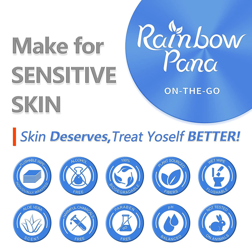 RainbowPana Flushable Wipes, 40 Count, ON-THE-GO Individually Wrapped - Butt Wipes for Women and Men, Travel Wipes for Family - Infused with Vitamin E and Natural Aloe, pH Balanced