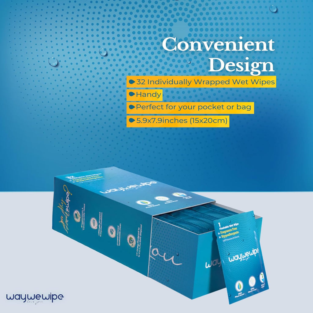 On-The-Go Flushable Wet Wipes, 32 Count XL Individually Wrapped Adult Wipes, Hypoallergenic 100% Plant Based Septic Safe, Travel Size Cleansing Cloth for Men & Women, Fragrance Free (32 Ct)