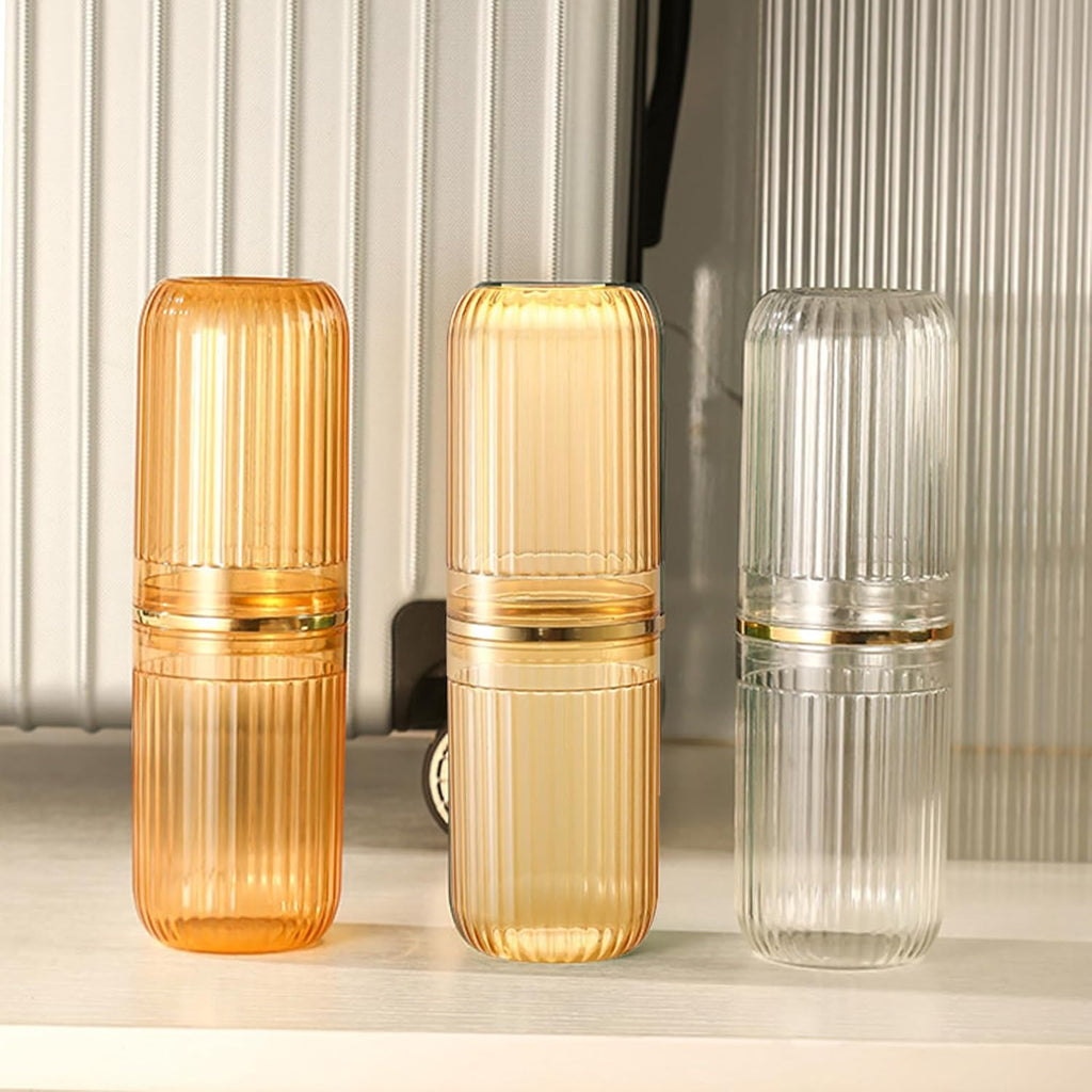 Travel Toothbrush Cup Case, Toothbrush Travel Container Portable Travel Toothbrush Holder Toothpaste Storage for School Camping Business Trip Bathroom (White,Gold)