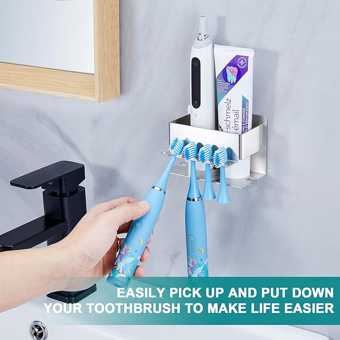 Toothbrush Head Holders, Electric Tooth Brush Head Holder, Adhesive Toothpaste Holder for Shower Bathrooms, Wall Mounted Tooth Brushing Holder Organizer Storage (Silver, Small)