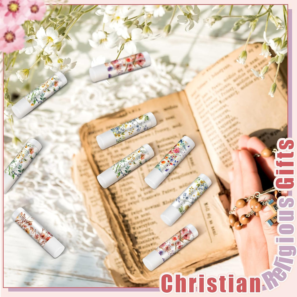 50 Pack Christian Religious Gifts Bulk Lip Balms for Women Men Church Party Favors Bulk Bible Verse Lip Balm with Scripture Inspirational Gifts for Coworkers Staff Employee (Wildflower)