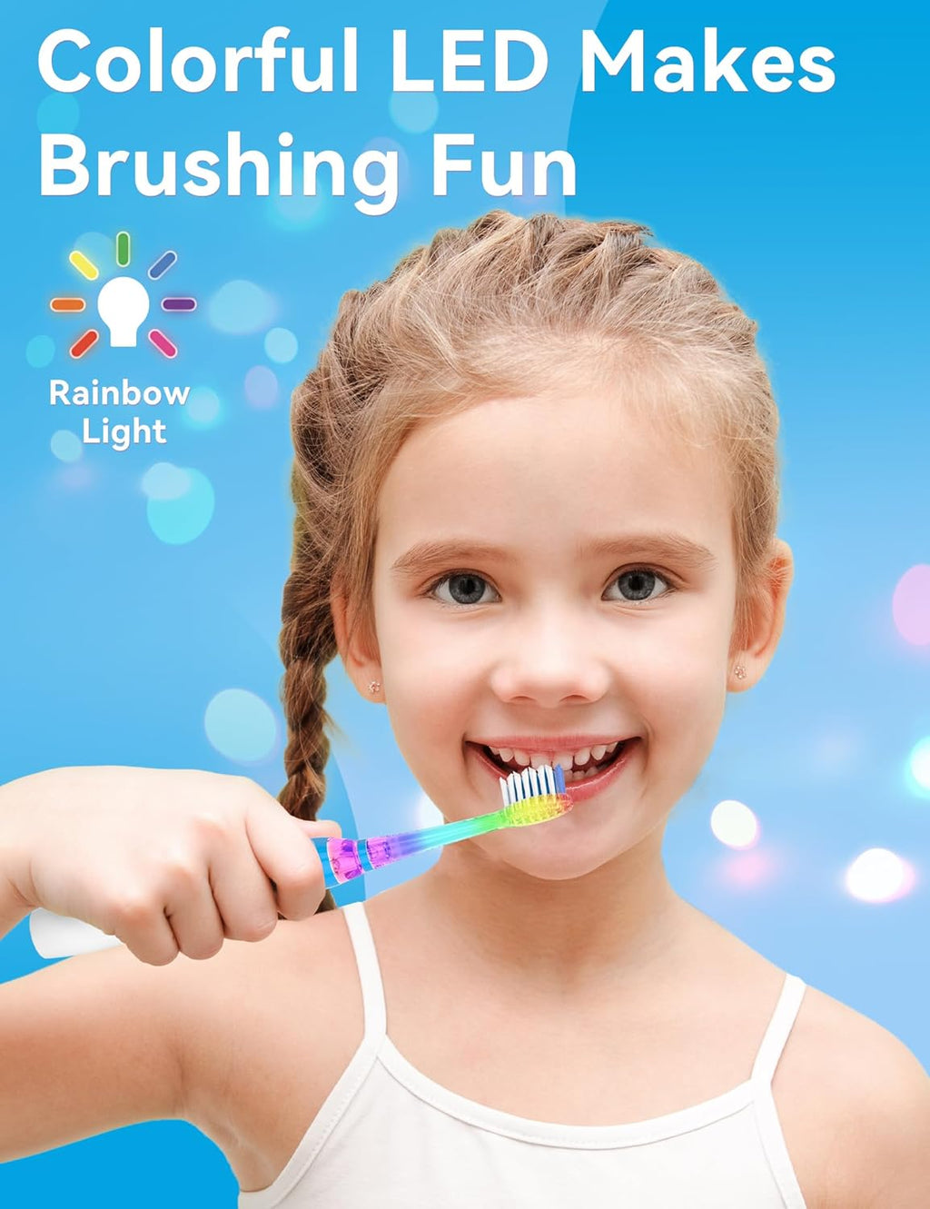 SEAGO Kids Electric Toothbrush with 2 Mins Brushing Timer and 4 Replacement Bursh Heads, Rainbow LED Light Make Brushing Fun, Boys Battery Powerd Toothbrush for 4-12 Years Old，SG-977 (Light Blue)