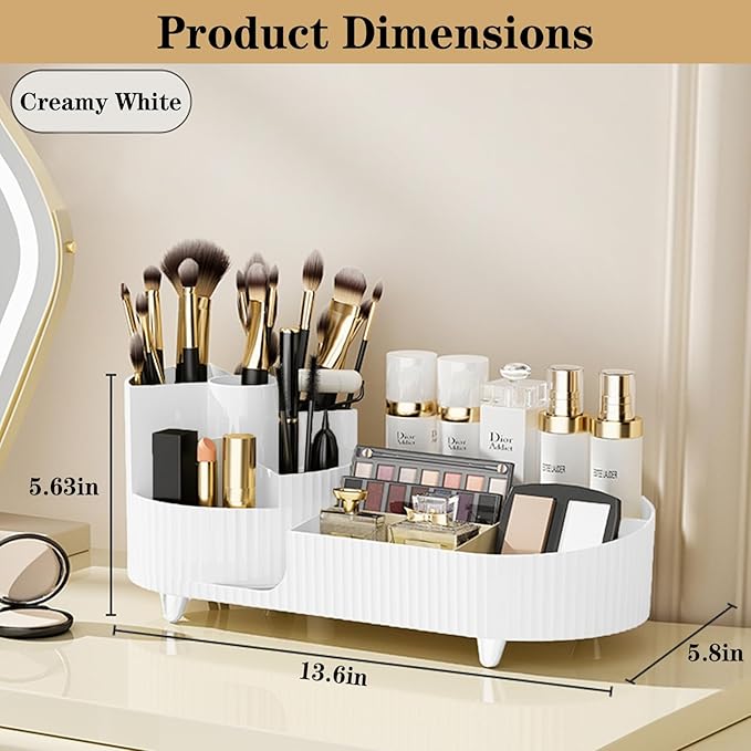Rotating Vanity Organizer with Brush Holder, Large Spinning Makeup Skincare & Cosmetic Organizer, Countertop Perfume & Lotions Display Case (White)