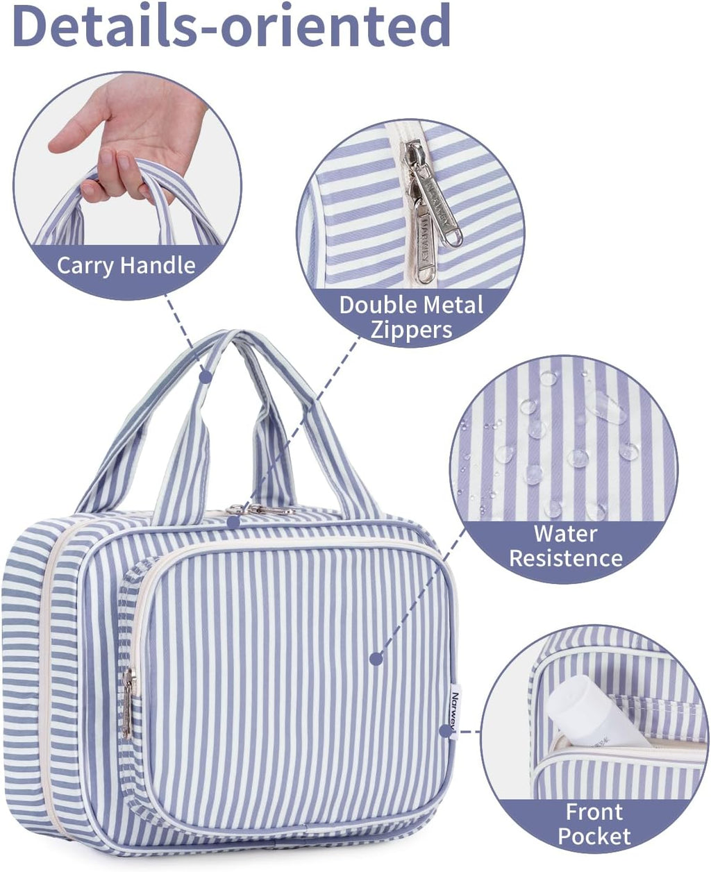 Narwey Striped Hanging Toiletry Bag for Women Travel Makeup Bag Organizer Toiletries Bag for Travel Size Essentials Accessories Cosmetics (Greyish Blue Stripe (Medium))