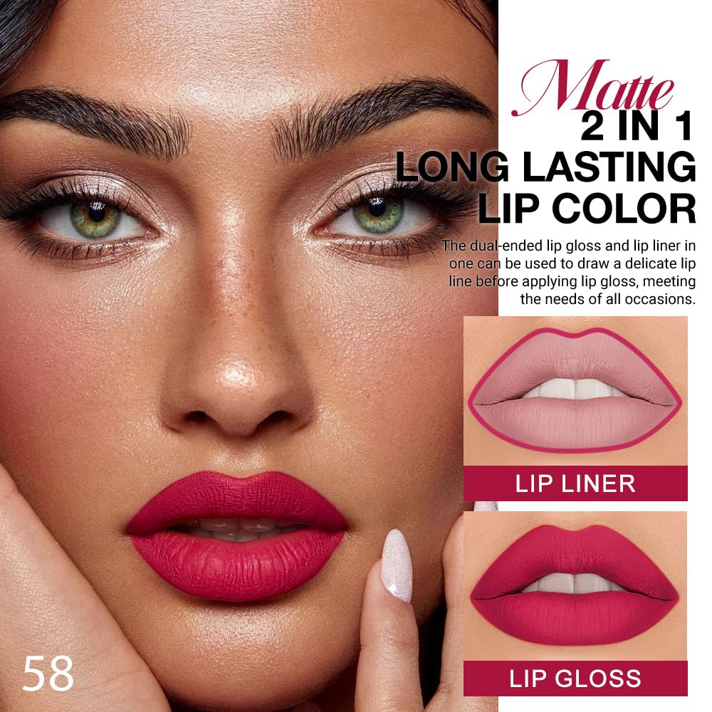 1Pcs 2 in 1 Ruby Red Matte Lip Liner and Liquid Lipstick Stain Makeup Set for women, Ruby Red Long Lasting Smudge Proof Lip Tint Matte Finish Lip Gloss for All-Day Color Hold Easy to Use 58#