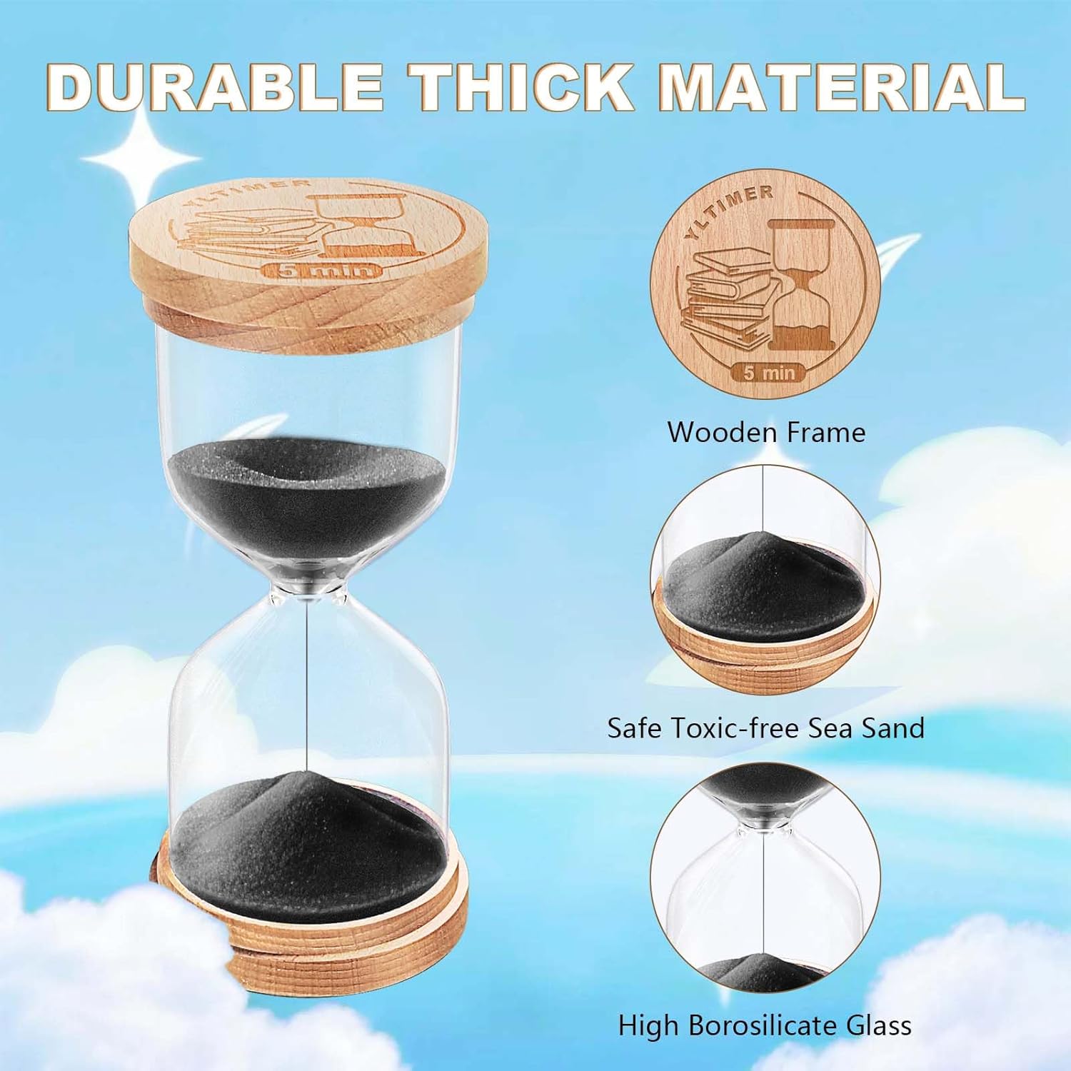 1 Minute Sand Timer, Wooden Sand Hourglass, Small Blue Hourglass, Sandglass Clock 1 Min for Classroom,Game,Decorative (Black)