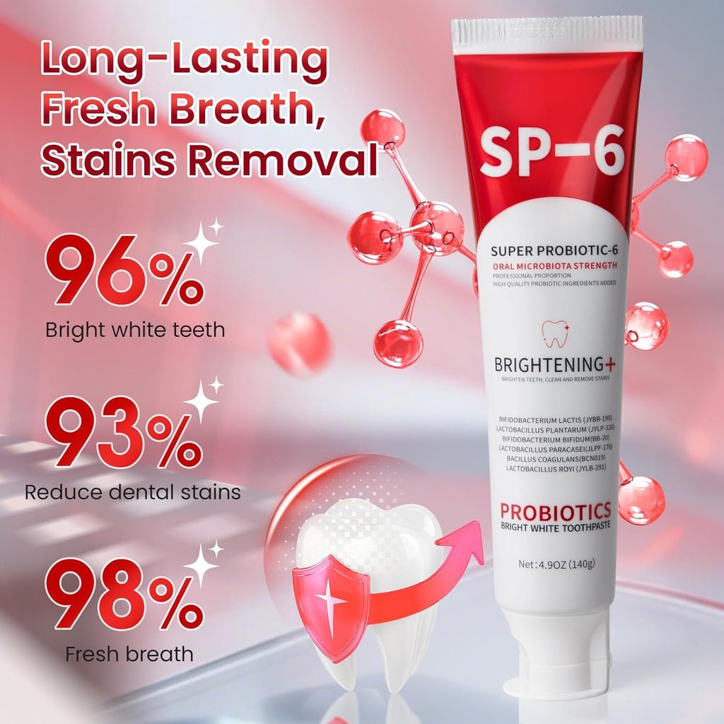 SP-6 Probiotic Whitening Toothpaste, SP-6 Probiotic Toothpaste, Enhanced Formula with 6 Probiotics for Teeth Whitening/Brightening, Enamel-Safe, Fluoride-Free, Fresh Mint Flavor, 4.9oz, 2Pack