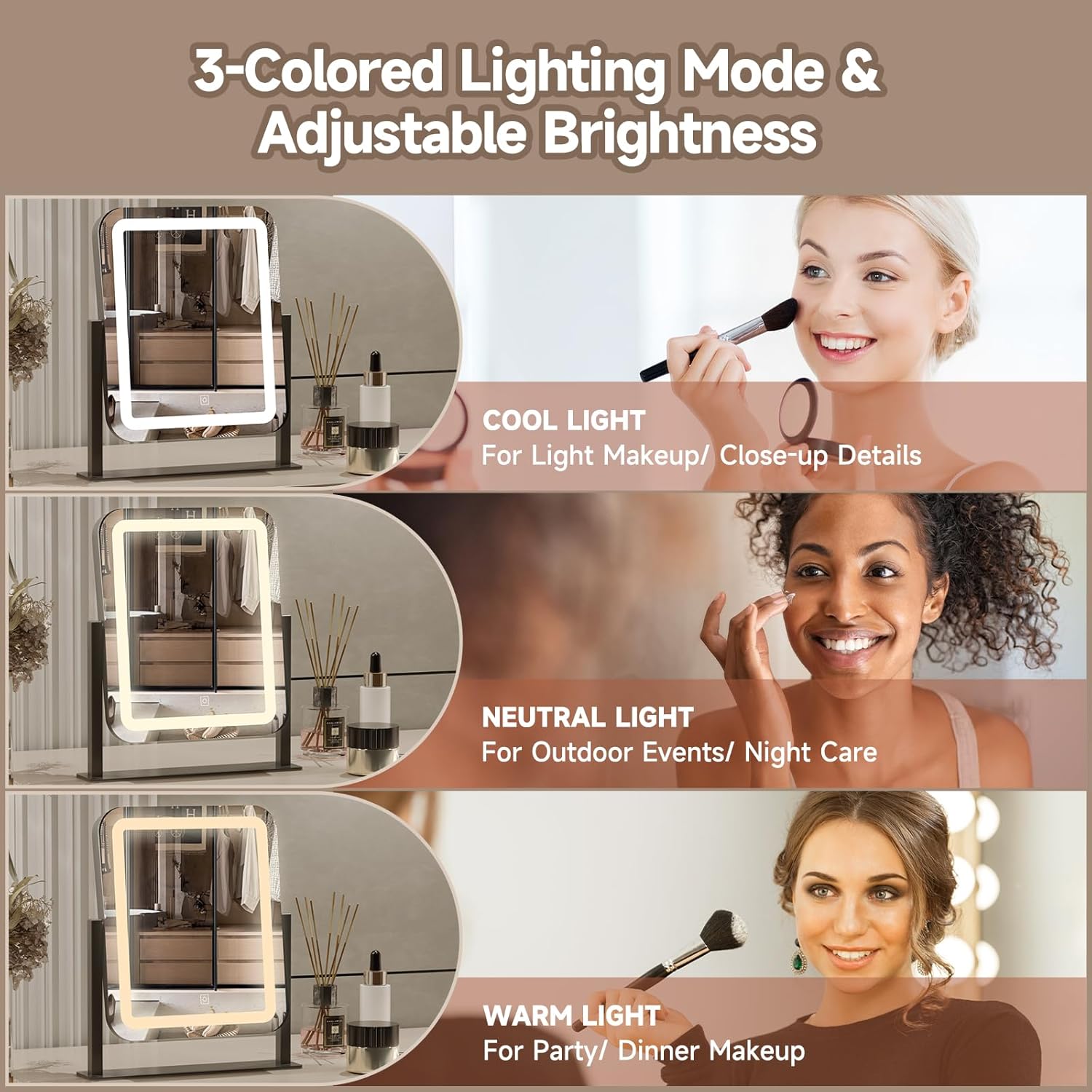 PRIMETEK Vanity Mirror with Lights, 16"x14" Large LED Lighted Makeup Mirror, Hollywood Makeup Mirror, Touch Screen, 3-Color Lighting, 5X Magnification, for Vanity Desk Tabletop, Bedroom, Black