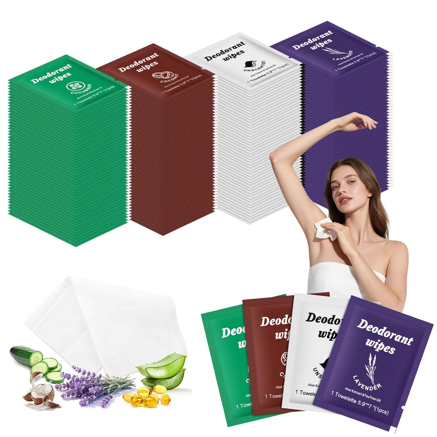 Travel Deodorant Wipes Individually Wrapped,Body Wipes to Clean Skin for Women Men（Lavender,Unscented, Coconut Cucumber,pack of 40)