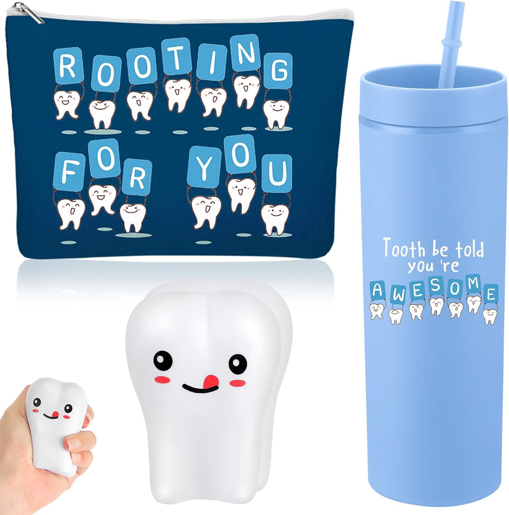 Skylety 3 Pcs Dental Hygiene Month Gifts Dental Assistant Hygienist Appreciation Gift 16oz Tumbler with Lid Cute Teeth Makeup Bag Stress Toy Employee Thank You Dentist Coworker Nurse Student(Blue)