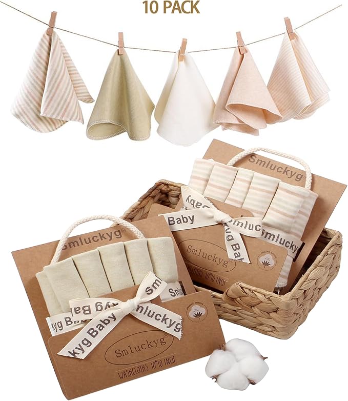 10-Pack Organic Baby Washcloths - Ultra Soft Organic Cotton Reusable Towels, Gentle for Newborn Sensitive Skin, Perfect for Baby Towels, Feeding & Travel Care (Multicolor)