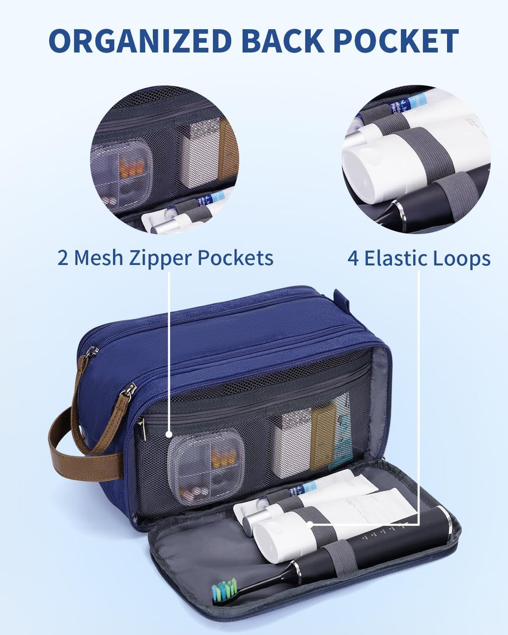 WANDF Toiletry Bag for Men Travel Toiletry Organizer Canvas and Leather Dopp Kit Water-Resistant Shaving Bag for Travel Accessories (Blue, Medium)