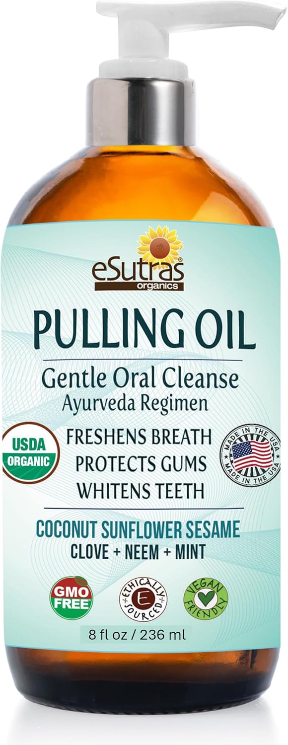 eSutras Pulling Oil Herbal Mouthwash Powerful Coconut Sesame Sunflower Oils + Essential Oils, Mint Clove Whitens Teeth Refreshes Breath Strengthens Gums