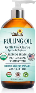 eSutras Pulling Oil Herbal Mouthwash Powerful Coconut Sesame Sunflower Oils + Essential Oils, Mint Clove Whitens Teeth Refreshes Breath Strengthens Gums