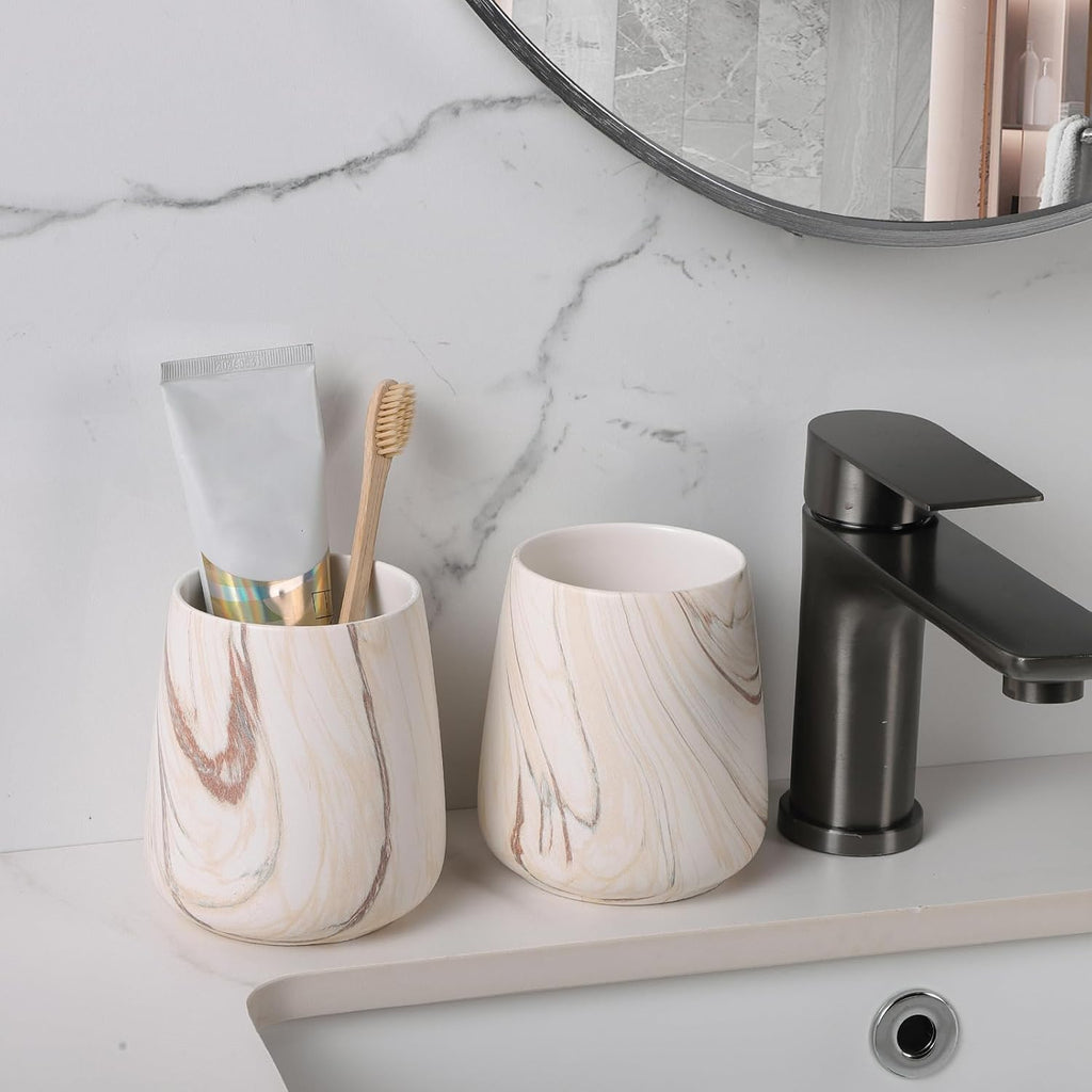2Pcs Toothbrush Holder for Bathroom - Marble Brown Ceramic Tooth Brushing Holders Set, Toothbrush Cup & Toothpaste Organizer for Bathroom Countertop, Makeup Brush Holder, Pen Holder for Home Storage