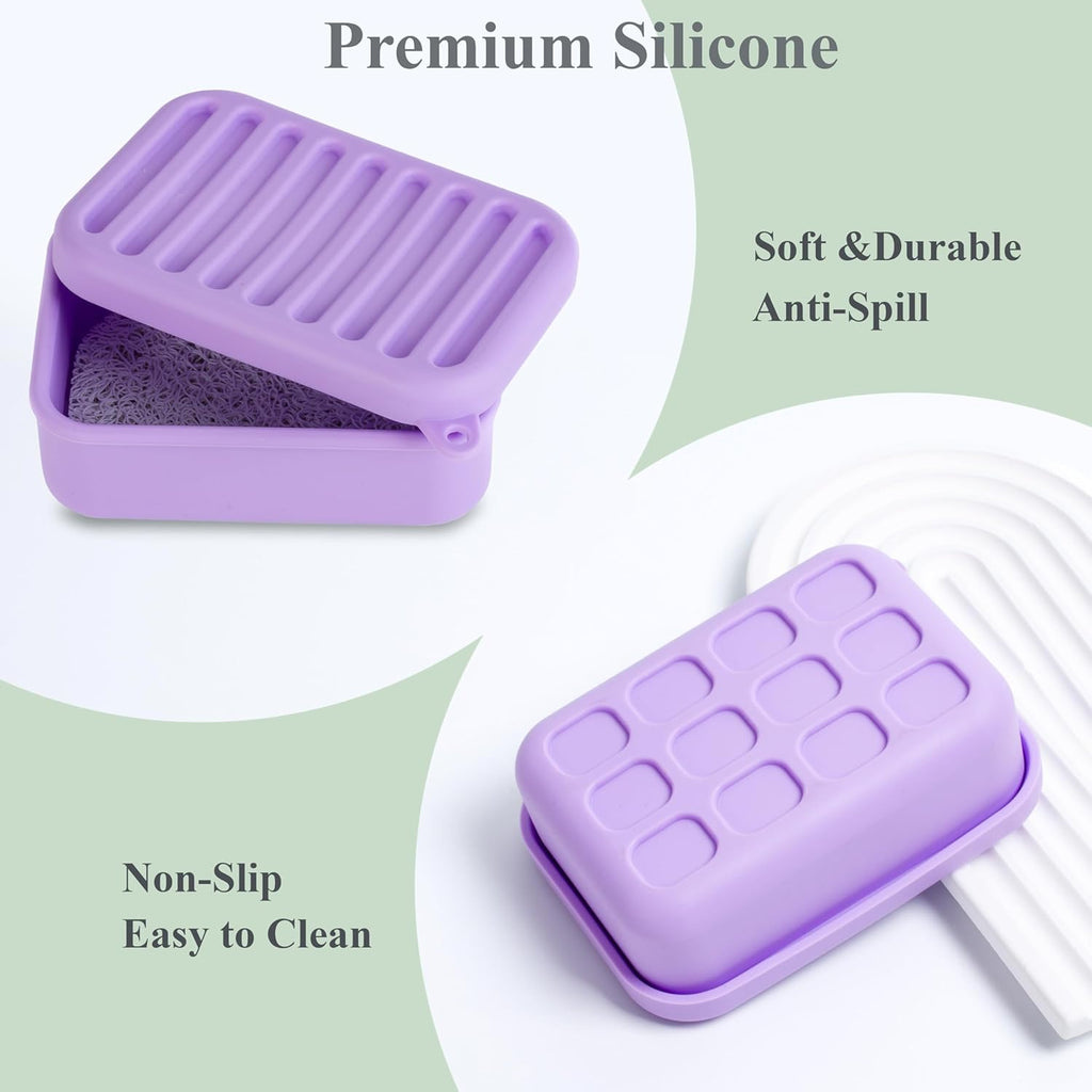 Portable Leakproof Travel Soap Case, Silicone Travel Soap Case, Compact Soap Holder with Drainage Layer, Travel Soap Holder for Camping, Gym, Outdoor (Light-Purple)
