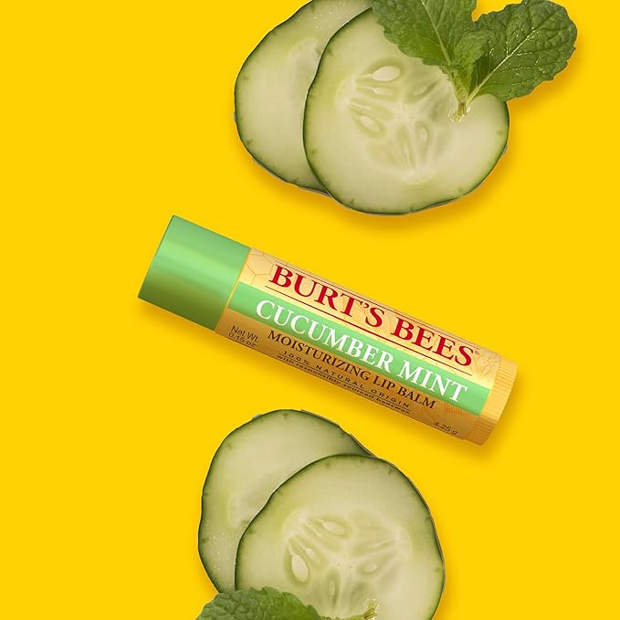 Burt's Bees Lip Balm - Original Beeswax, Cucumber Mint, Watermelon & Sweet Mandarin, With Responsibly Sourced Beeswax, Tint-Free, Natural Origin Treatment, 4 Tubes, 0.15 oz.