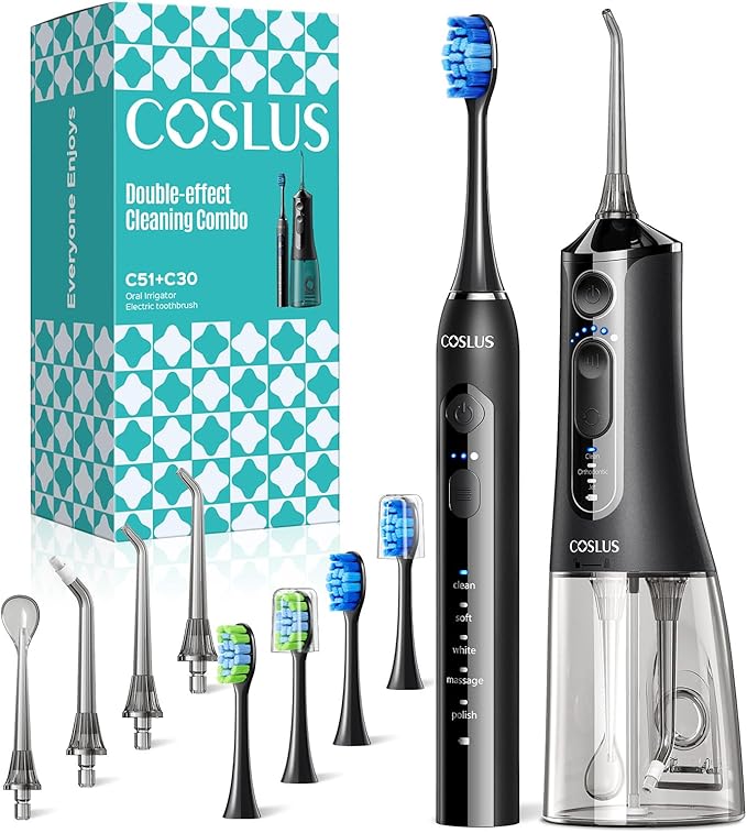 COSLUS Electric Toothbrush with Water Flosser Combo: Portable Oral Clean Kit for Teeth Brushing & Flossing, Multiple Modes for Multiple Users, Cordless for Home & Travel Use, Black, C51C30