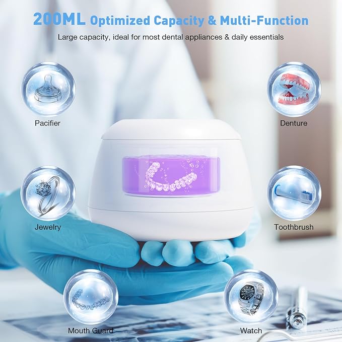 2026 Ultrasonic Retainer Cleaner Machine - 48kHz Dental Cleaning Pod for Denture, Mouth Guards, Aligner, Night Guards, Braces, Jewelry, Toothbrush, Sonic Dental Cleaner with 200ML Capacity