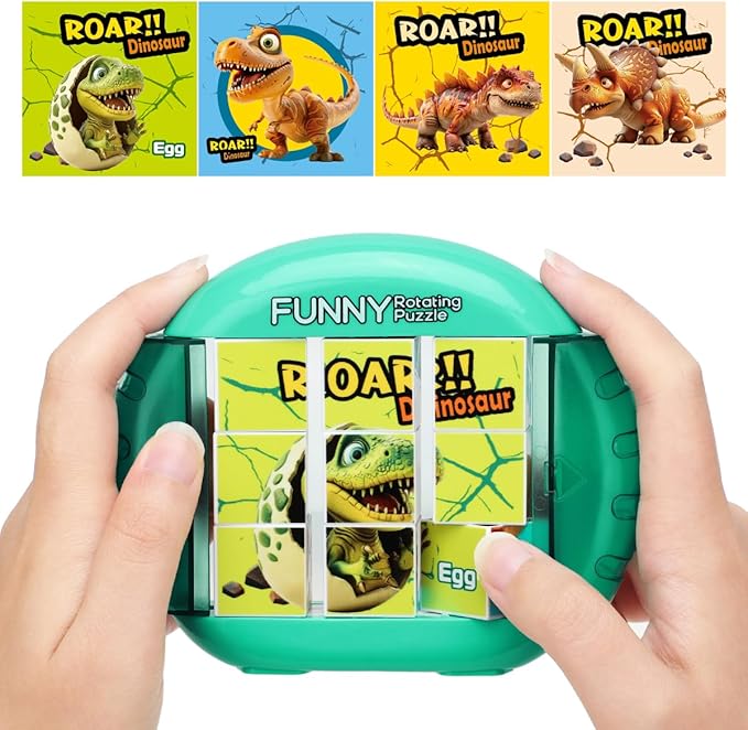 Rotating 3D Puzzle for Kids 3 4 5 6 7 Year Old, 4 Puzzles in 1, Handheld Game Fidget Toys for Travel, Cars & Plane, Fine Motor Skills Developing (Roar Dino Squad)