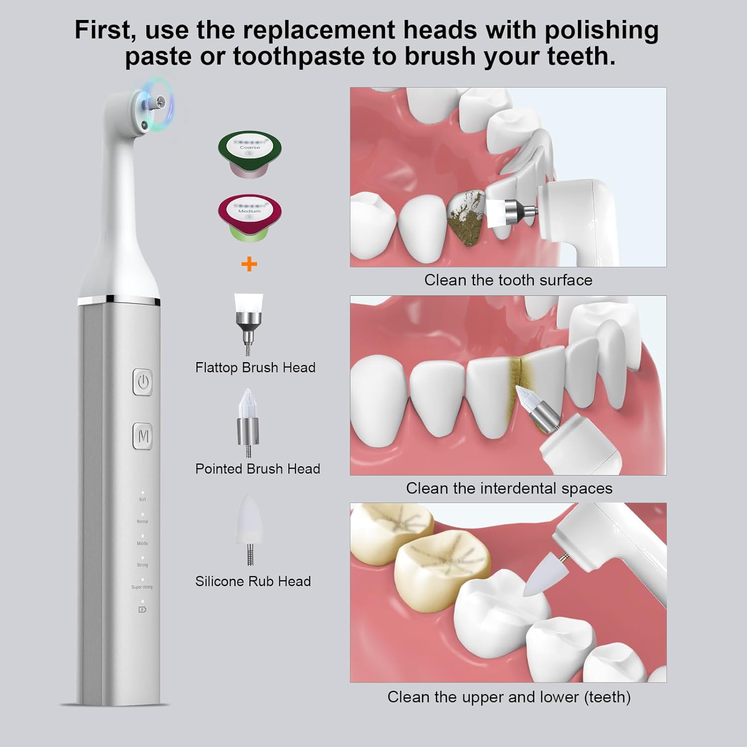 Tooth Polisher and Plaque Remover, Teeth Cleaning Tools for Cleaning and Polishing of Tooth, Dental Cleaning Tools for Brighten and Polish Teeth with 5 Brush Heads, 4 Speed Modes and 3 Polish Pastes