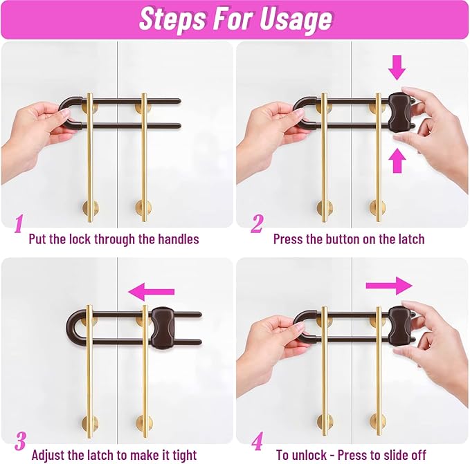 12 Packs Baby Proofing Sliding Cabinet Locks modacraft U-Shaped Child Safety Latches Adjustable White Locks for Handles Knobs Drawers Closet Cupboard - Brown