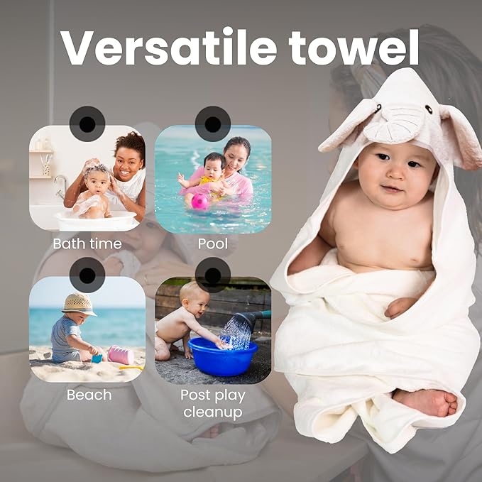 Premium Hooded Towel - 500GSM Viscose derived from Bamboo Cotton Baby Towels - Ultra Soft & Absorbent, Extra Large 35” x 35”, Hypoallergenic, Machine Washable Toddler Towel - Elephant