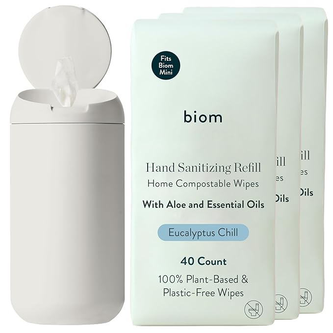 Biom Mini Dispenser + Hand Sanitizing Wipes Starter Kit - Eucalyptus Scented, Biodegradable, Kid-Safe | Fits in Cup Holder | All Natural, Plant-Based Non-Toxic Wipes with Aloe for Soft Skin (Bone)