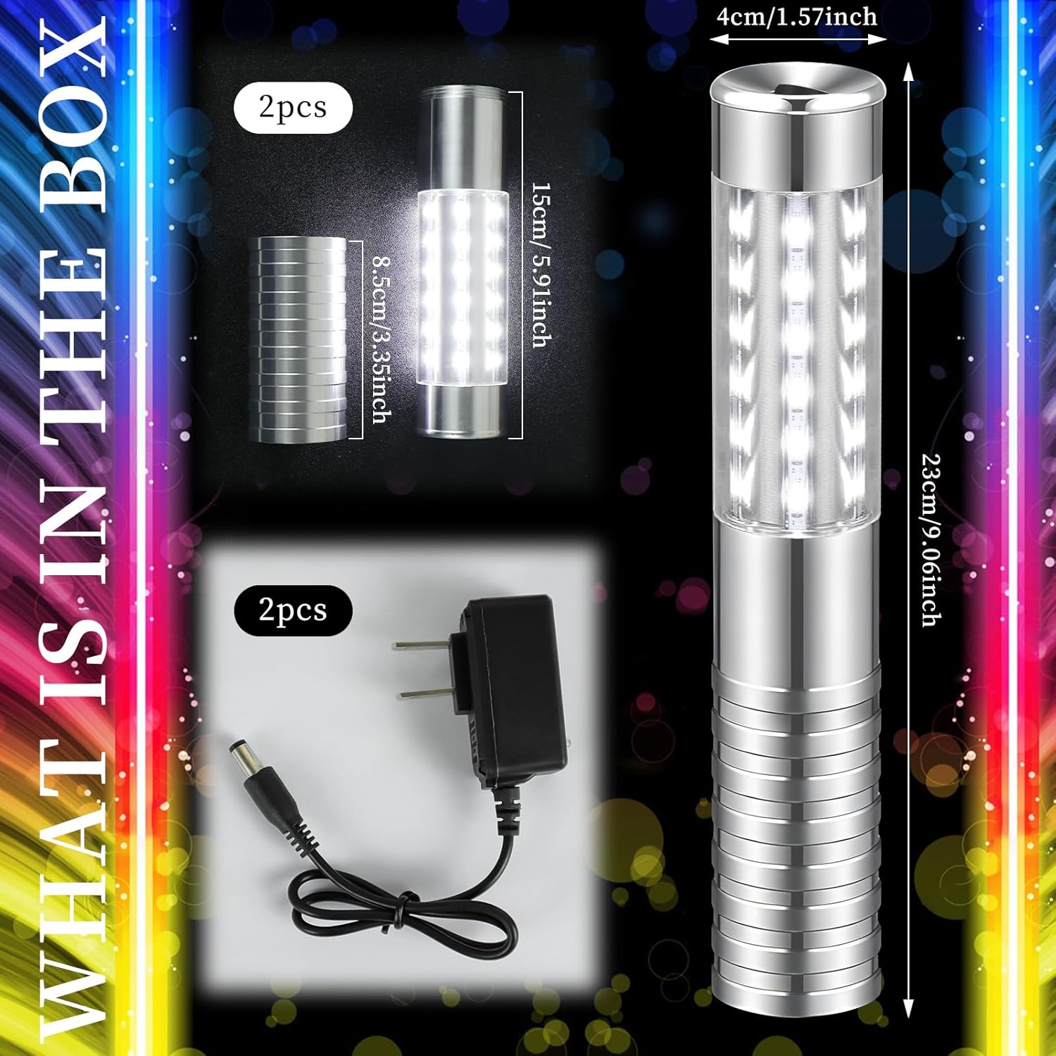 2 Pieces LED Strobe Baton Light Rechargeable Bottle Service Sparklers Stick Reusable Champagne Bottle Handheld LED for Club Stage Nightclub Party Concert Event Bar Outdoor - Silver