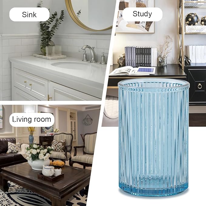 Toothbrush Holders for Bathrooms, 2pcs Glass Toothbrush Holder, 12oz Bathroom Tumbler and Mouthwash Cup, Tooth Brush and Toothpaste Organizer for Bathroom Vanity Countertop (Blue Gold)