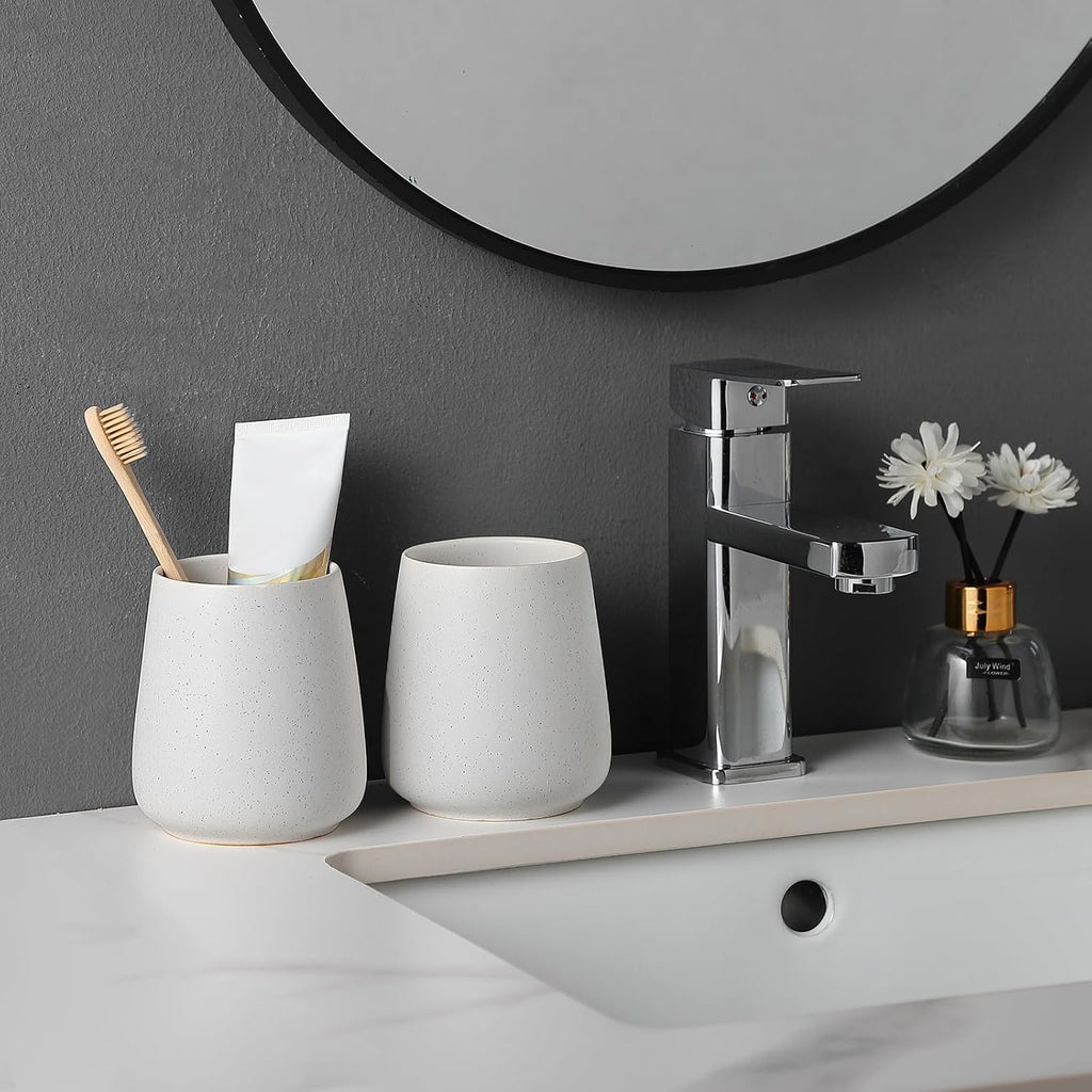 Speckled White Toothbrush Holder Set - 2Pcs Bathroom Ceramic Tooth Brushing Holders, Toothbrush Cup, Toothpaste Organizer for Countertop, Makeup Brush Holder, Pen Holder for Home Desktop Storage
