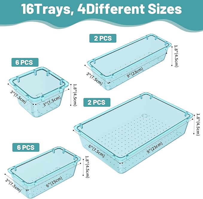 WOWBOX 16 PCS Plastic Drawer Organizer Set, 4 Sizes Desk Drawer Organization and Storage Containers for Makeup, Cosmetics, Jewelry and Gadgets in Kitchen, Bathroom, Bedroom, Office, Clear Sea Blue