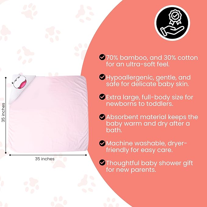 Premium Hooded Towel - 500GSM Viscose derived from Bamboo Baby Towels - Ultra Soft & Absorbent, Extra Large 35” x 35”, Hypoallergenic, Machine Washable Toddler Towel - Hippopotamus