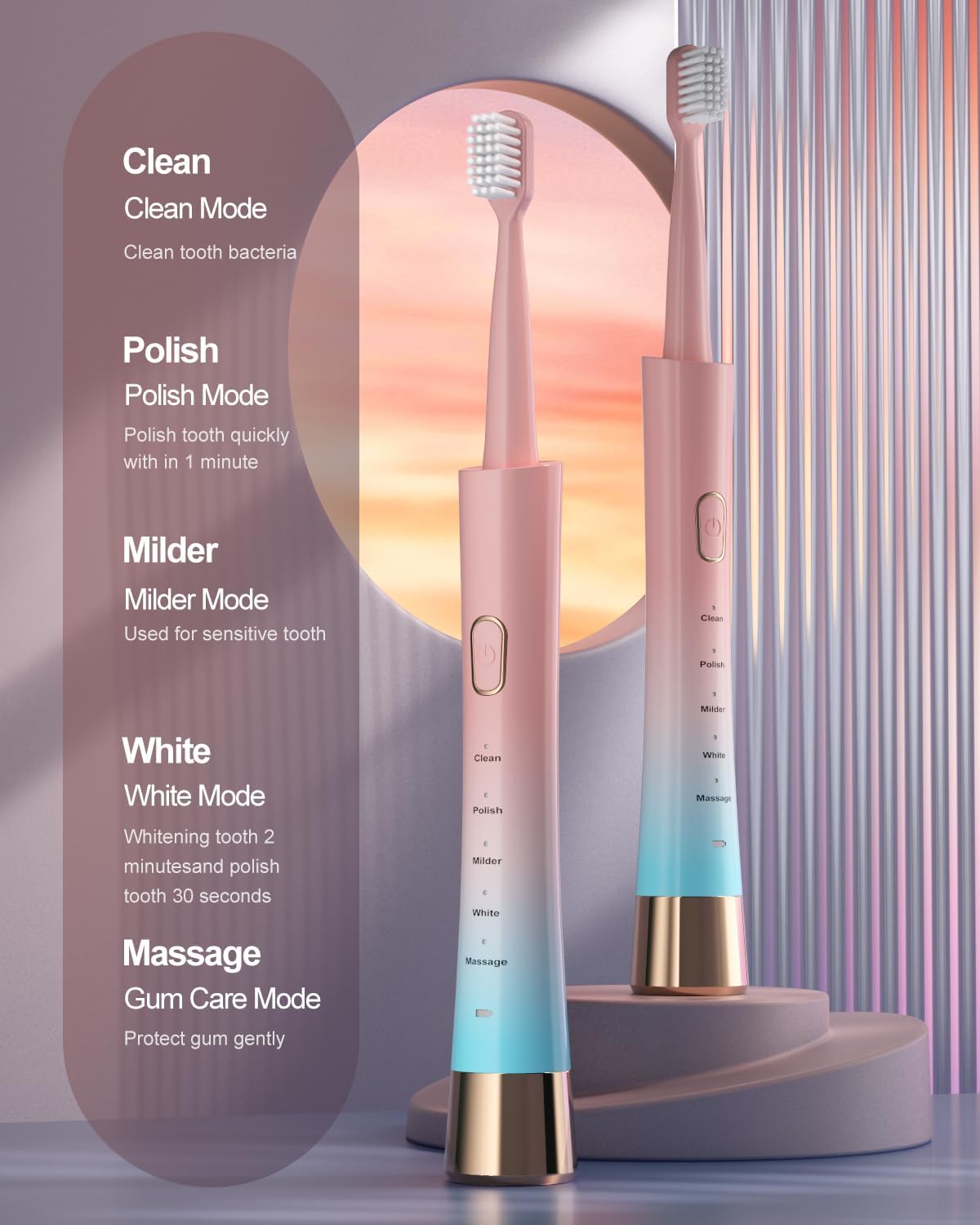 Pink & Blue Gradient Rechargeable Sonic Electric Toothbrush for Adults, 5 Modes with Smart Timer, 8 Replacement Brush Heads Soft Bristles, High Vibration, Perfect for Home, Travel, Gift