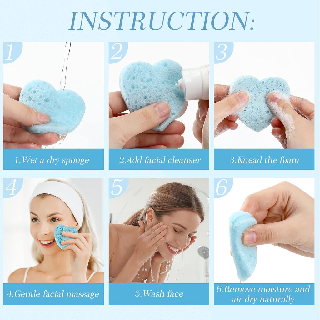 Sieral 120 Pcs Compressed Facial Sponges with Container Disposable Face Sponge Pads for Washing Face Cleansing Exfoliating Esthetician Makeup Removal(Heart,Light Blue)