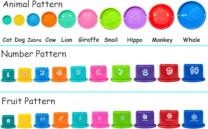 17 PCs Multicolor Nesting and Stacking Cups Set, Baby Bathtub Toys, Early Learning Educational Toys for Infants, Toddlers, Stacking Cups with The Numbers, Shapes, Fruits, Animals Patten