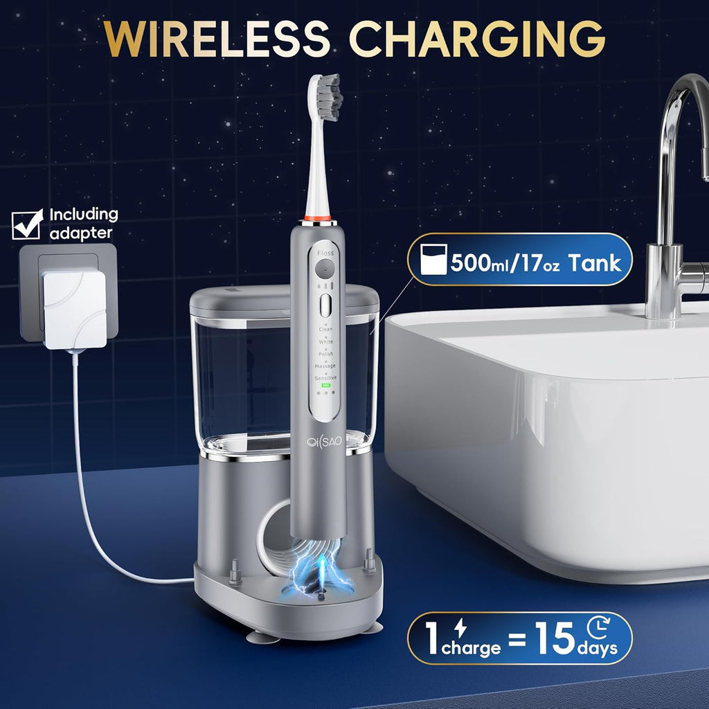 Electric Toothbrush with Water Flosser, Advanced 2.0 Flossing Toothbrush Combo in One with 5 Brush Modes & 3 Floss Speeds,500 ML Cordless,for Adults,Teeth, Gums, Braces, Dental Care,Gray