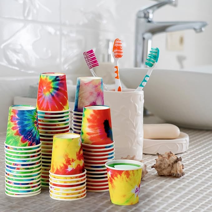 Tiamon 500 Pack 2 oz Paper Cups, Mini Mouthwash Disposable Bathroom Small Paper Drinking Espresso Cups for Home Office Travel Picnic Party Supplies(Tie Dye)