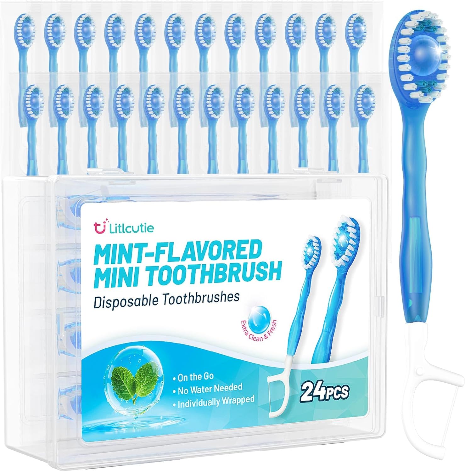 24 Pack 5 in 1 Disposable Mini Toothbrushes with Toothpaste, Floss, Pick & Tongue Scraper, Individually Wrapped, Portable Toothbrush Travel Set for Kids Adults, Mint Flavor