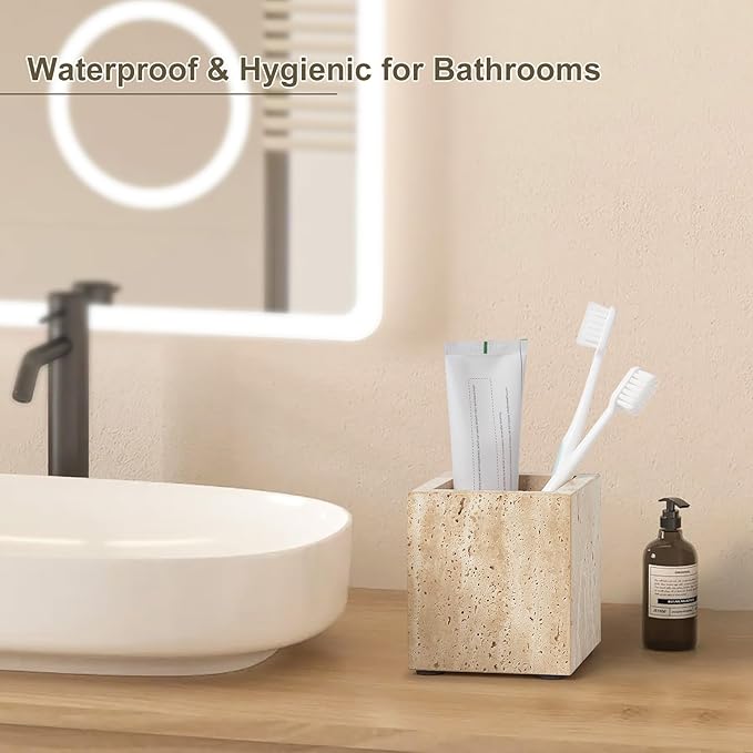 Real Natural Travertine Marble Toothbrush Holder & Pen Holder & Makeup Brush Holder & Utensil Holder, Genuine Stone Rectangular Bathroom Tumbler Cup, Durable Office & Home Countertop Organizer