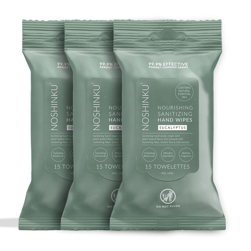 Noshinku Eucalyptus Hand Sanitizer Wipes, 3-Pack (45 Towelettes) – Resealable Travel Wipes with Ethyl Alcohol, Aloe & Green Tea, Plant-Based Fiber, Essential Oil Scents, Cruelty-Free & No Dyes