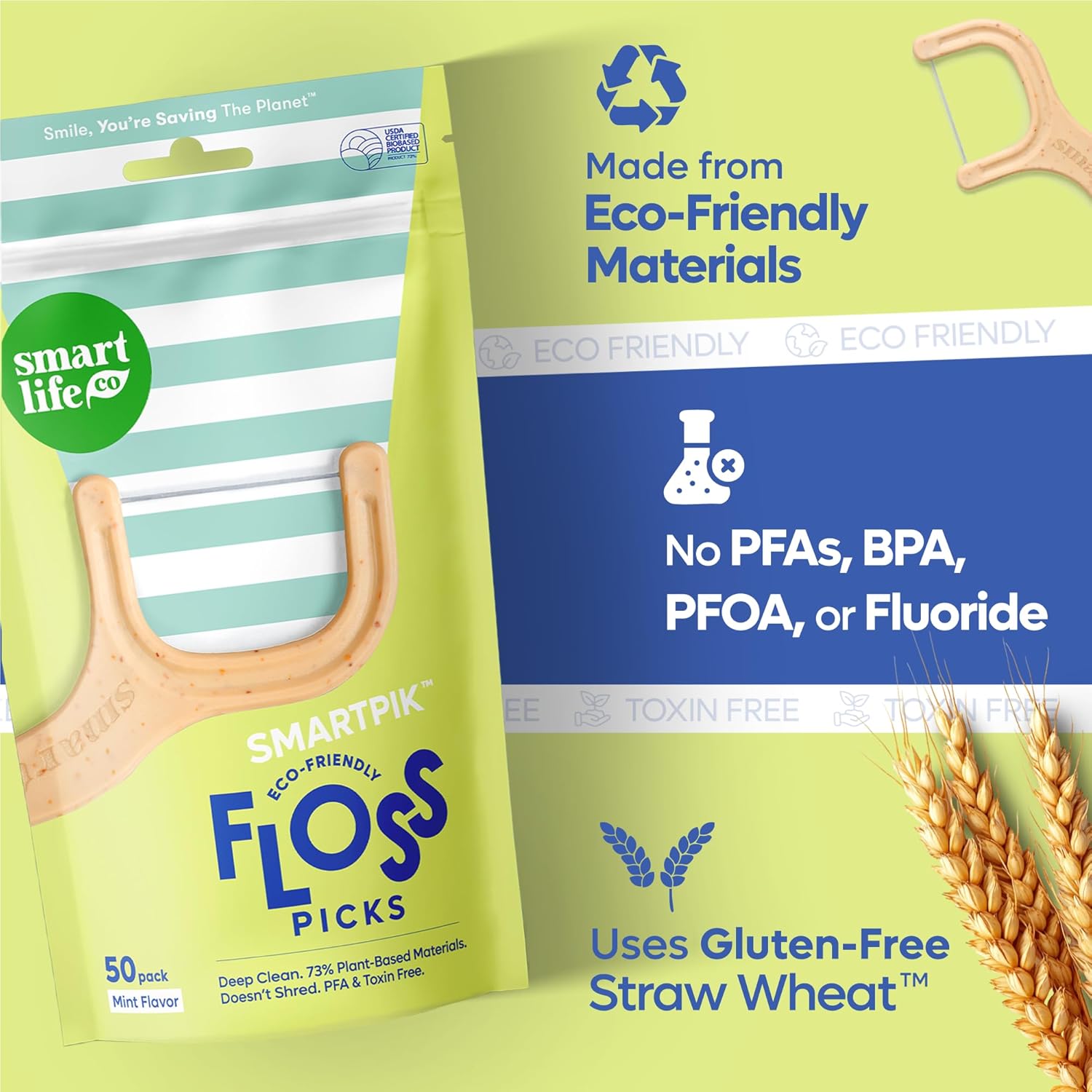SmartLifeco Eco-Friendly Dental Floss Picks (50ct) - Flossers Made with Straw Wheat, Superior Anti-Shred Thread for Tight Gaps, Tooth Pick Stick for Adults, Soft on Gum & Teeth, Vegan, Mint