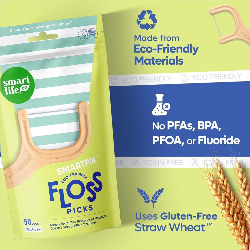 SmartLifeco Eco-Friendly Dental Floss Picks (400ct) - Flossers Made with Straw Wheat Blend, Superior Anti-Shred Thread for Tight Gaps, Tooth Pick Stick for Adults, Soft on Gum & Teeth, Vegan, Mint