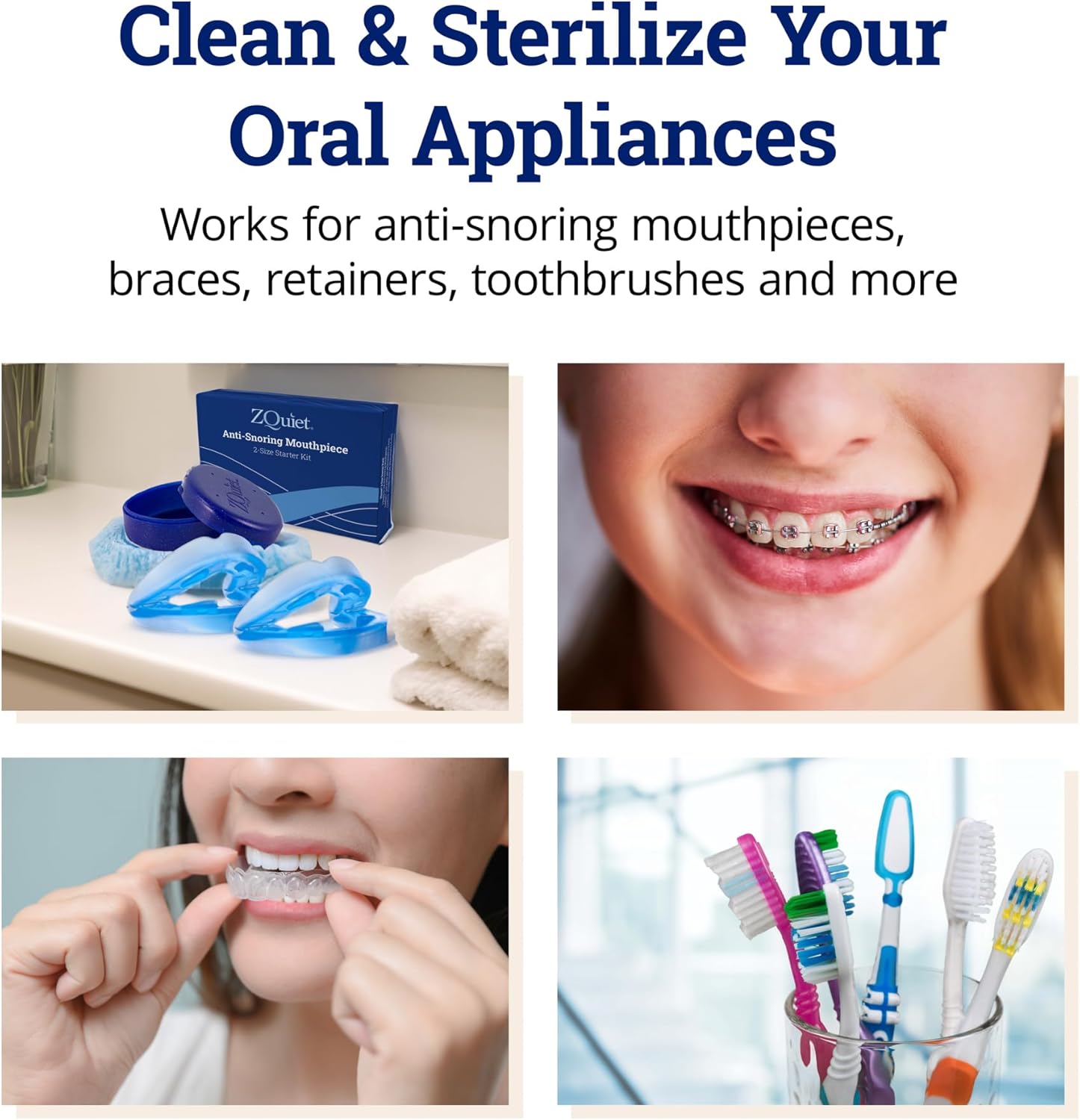 ZQuiet, Clean, Cleaning Solution for All Oral Appliances, Chlorine-Free, Fresh Mint Scent, Travel-Size, TSA-Compliant