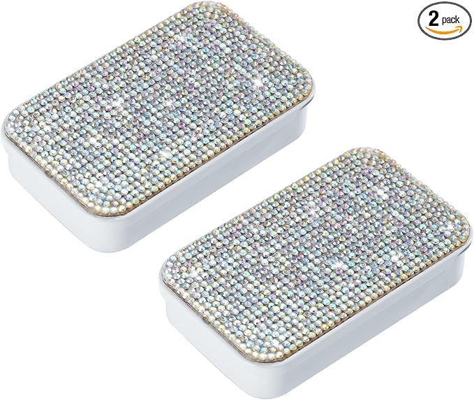 2Pcs Bling Dental Floss Holder,Portable & Refillable Floss Pick Holders, Metal Tin Box Case for Q-tip,Cotton Swab(White)